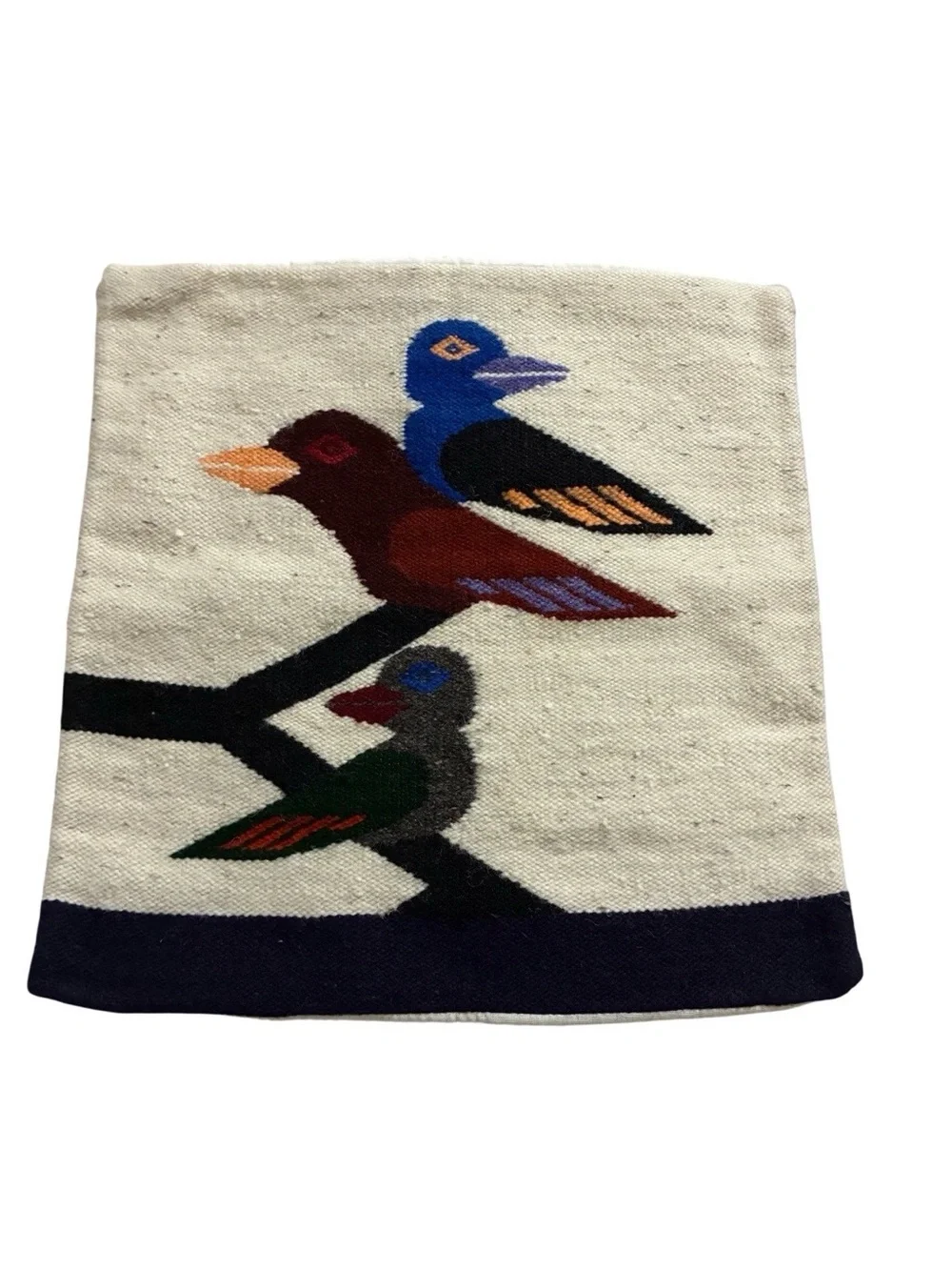 Folk Art Woven Wool Tapestry Pillow Cover Bird Pattern 14.5 Square Bohemian Boho